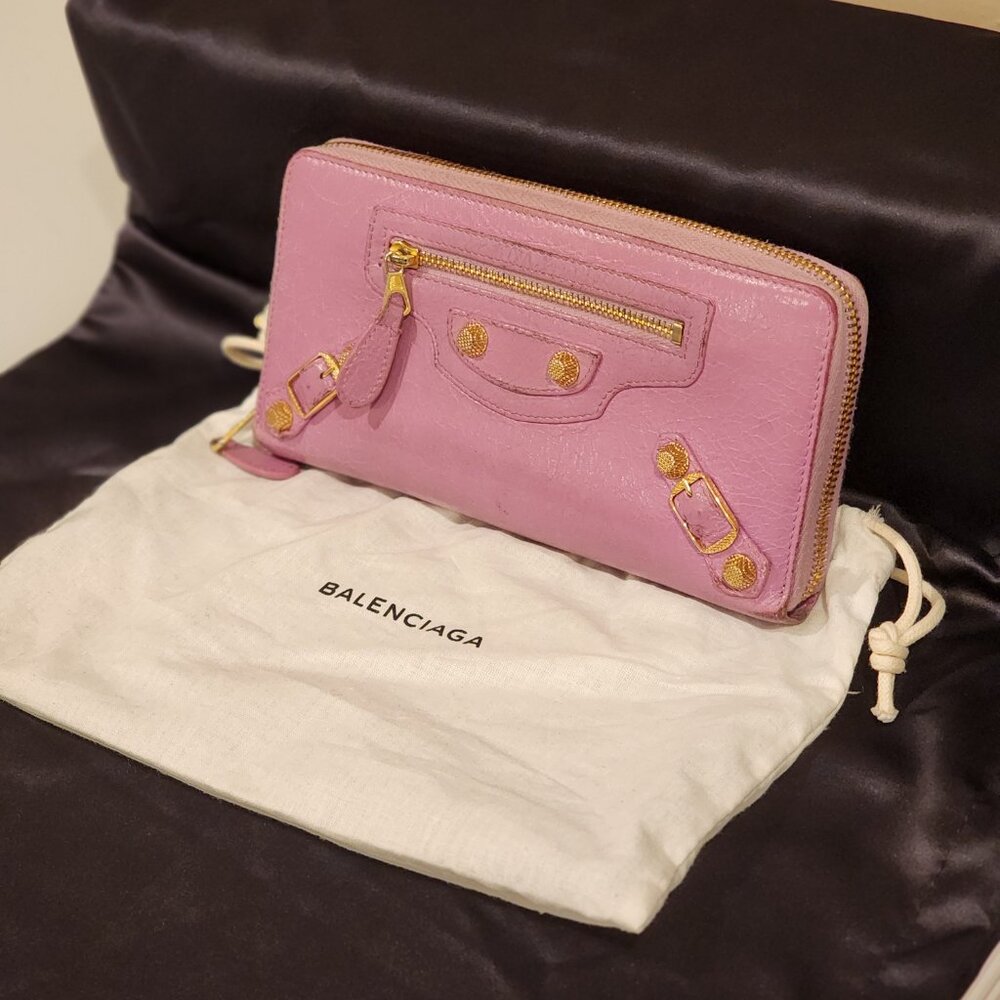 Excellent Balenciaga Zip around Wallet Pinkish Lavender Leather Continental - Picture 2 of 14